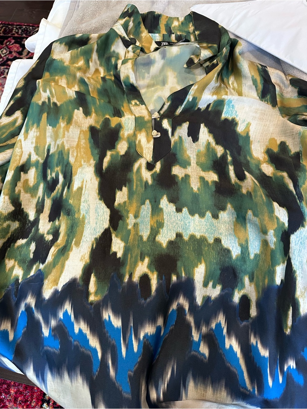 Zara Multicolor Abstract Watercolor Blouse — Green, Blue, Black, Gold